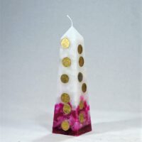 Geldkerze mit Geldeinlage Obelisk 25cm / elfenbein-rotviolett