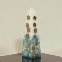 Geldkerze mit Geldeinlage Obelisk 25cm / elfenbein-türkis